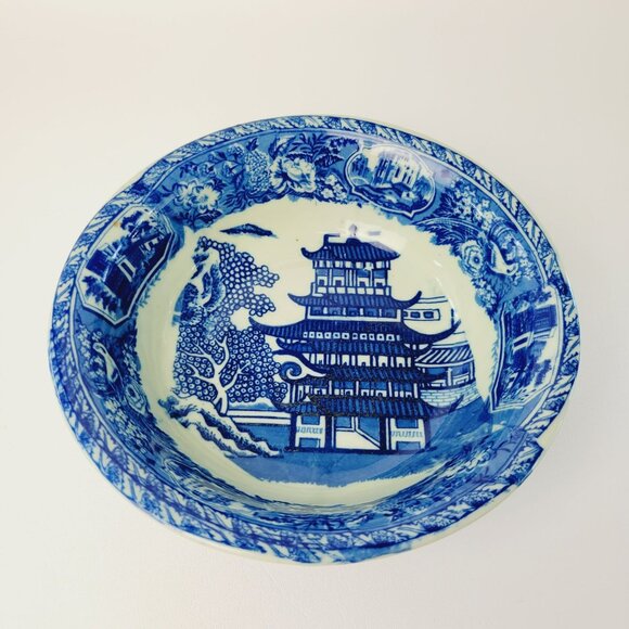 Vintage Blue & White VictorianWare Ironstone Bowl Chinoiserie Pagoda Blue Willow - Picture 2 of 15